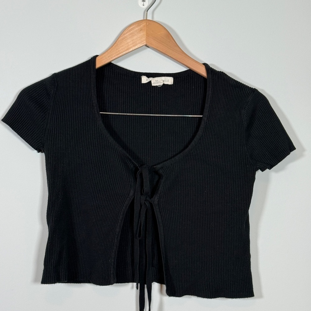 🖤 Aeropostale‎ Black Ribbed Tie Front Crop Top Size Medium Soft Rayon Shrug